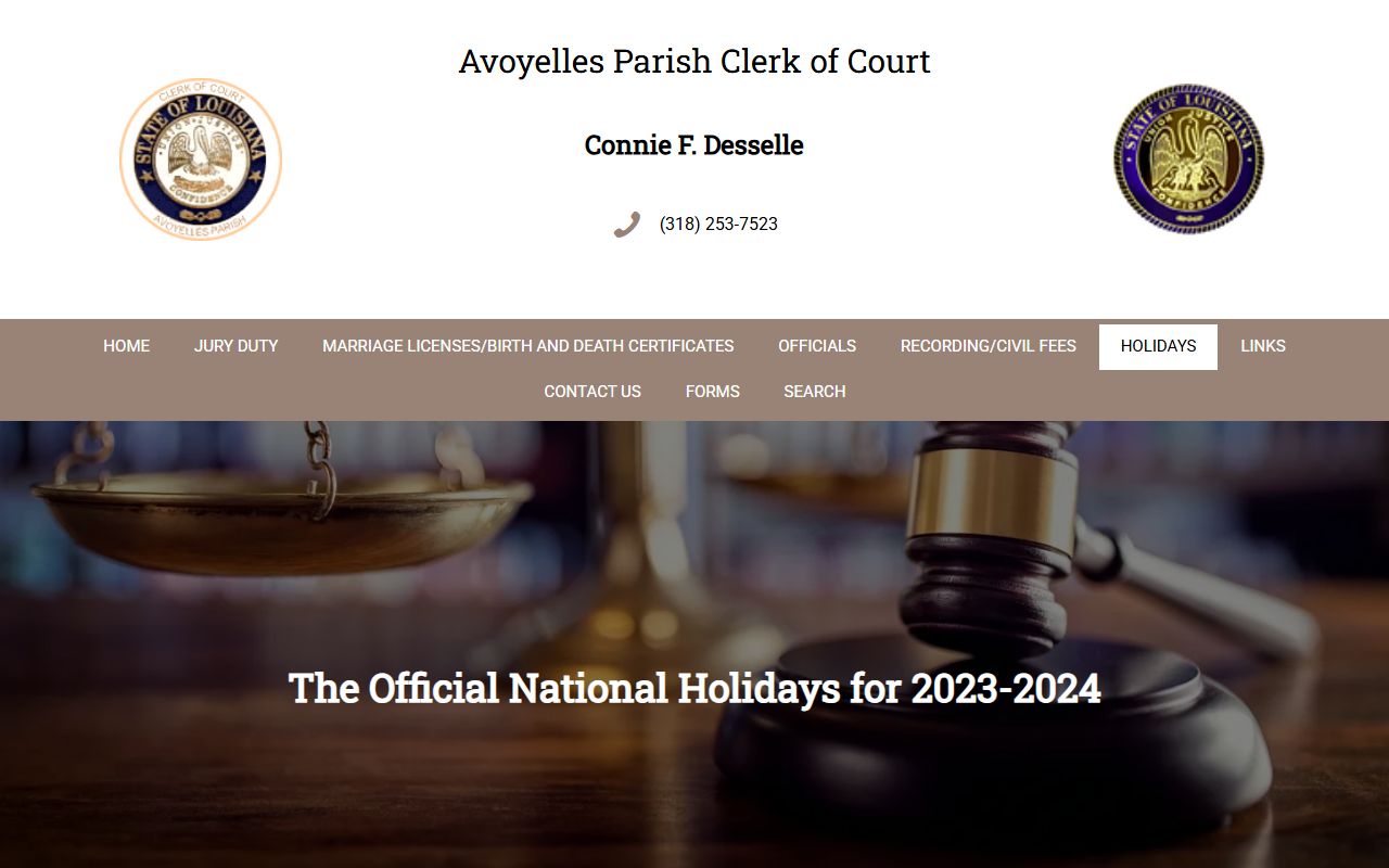 Avoyelles Parish Clerk of Court records observed courthouse holidays