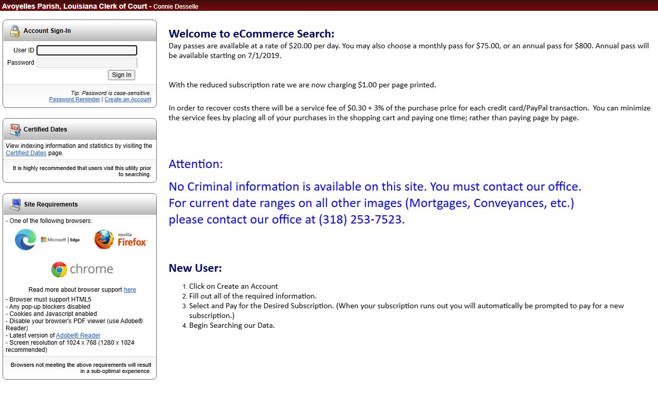 Avoyelles Parish court records COTT eSearch login page