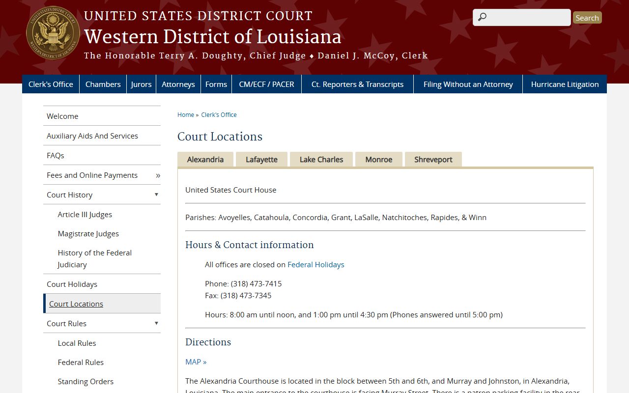 Avoyelles Parish federal court records Western District court locations
