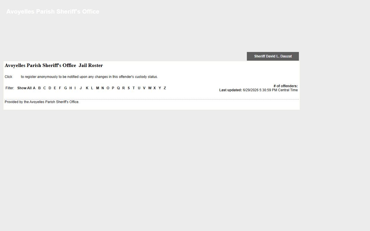 Avoyelles LAVNS jail roster page for inmate lookup