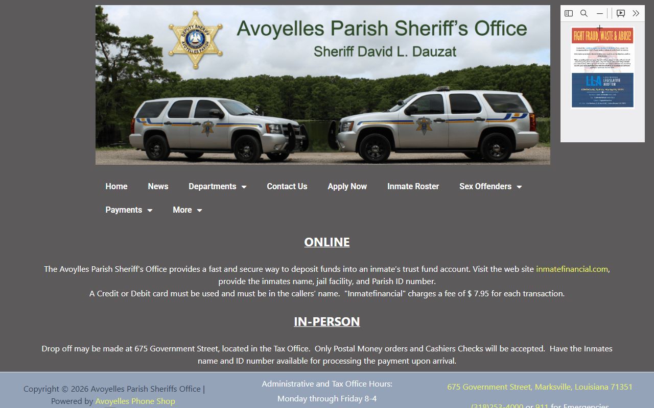 Avoyelles Parish Sheriff's Office inmate banking information