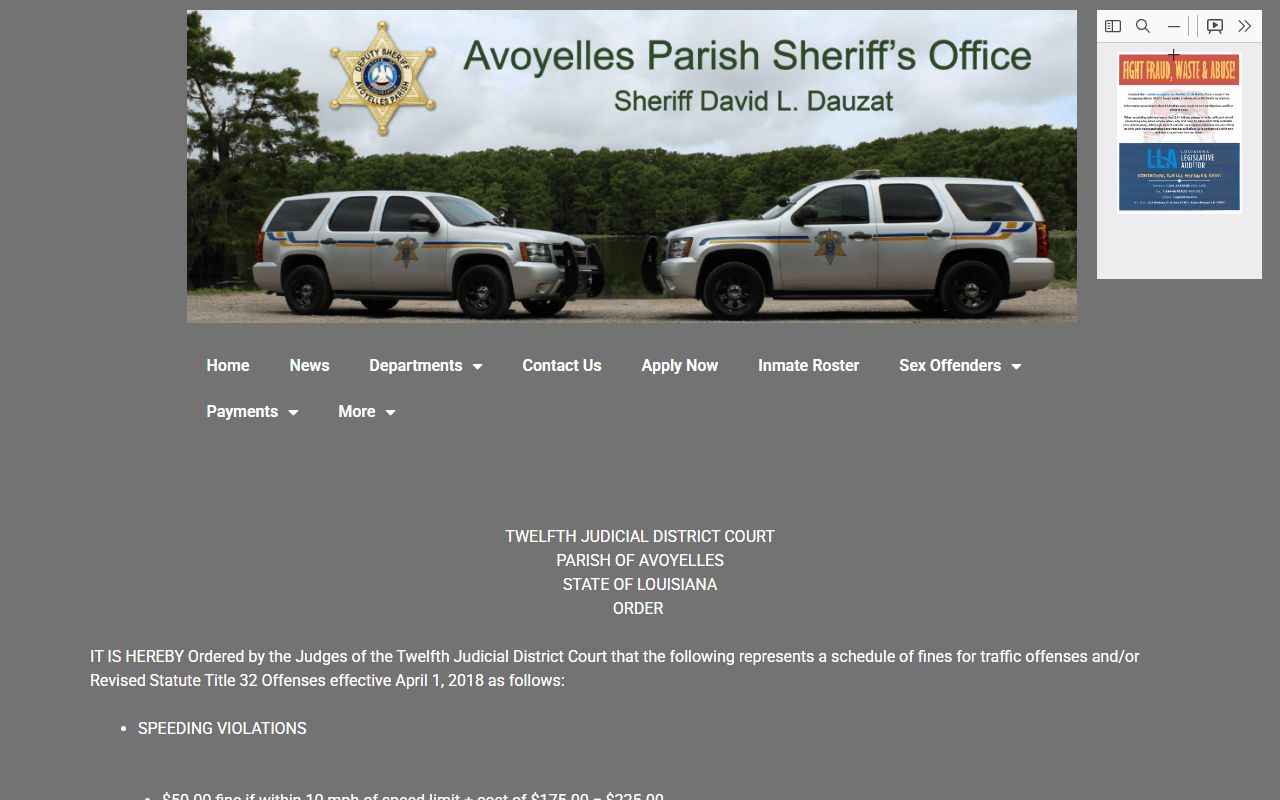 12th Judicial District Court traffic fee order for Avoyelles Parish