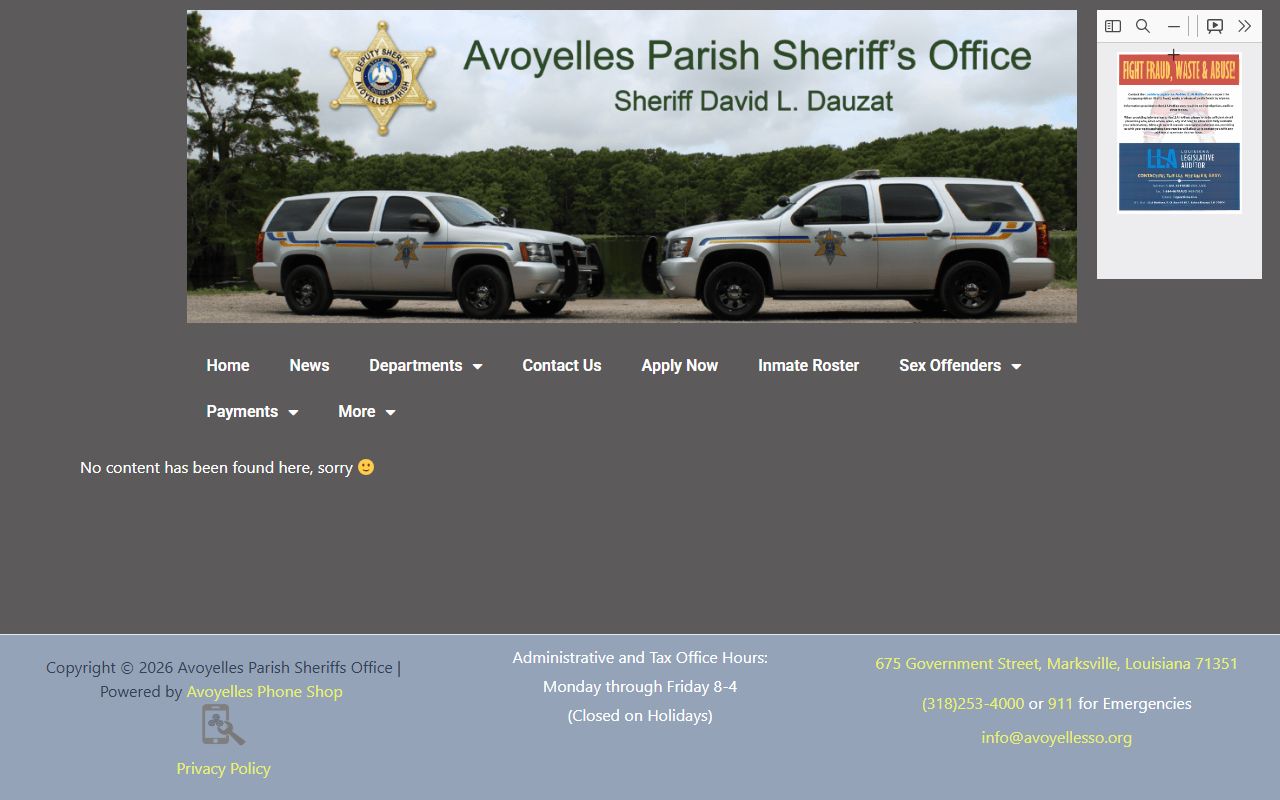 Avoyelles Parish Sheriff's Office wanted page with no public wanted content found
